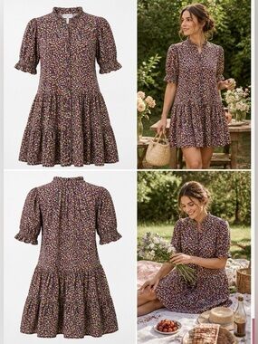 Apiece Apart Floral Tiered Mini Dress Cottagecore Prairie Cotton Button Front